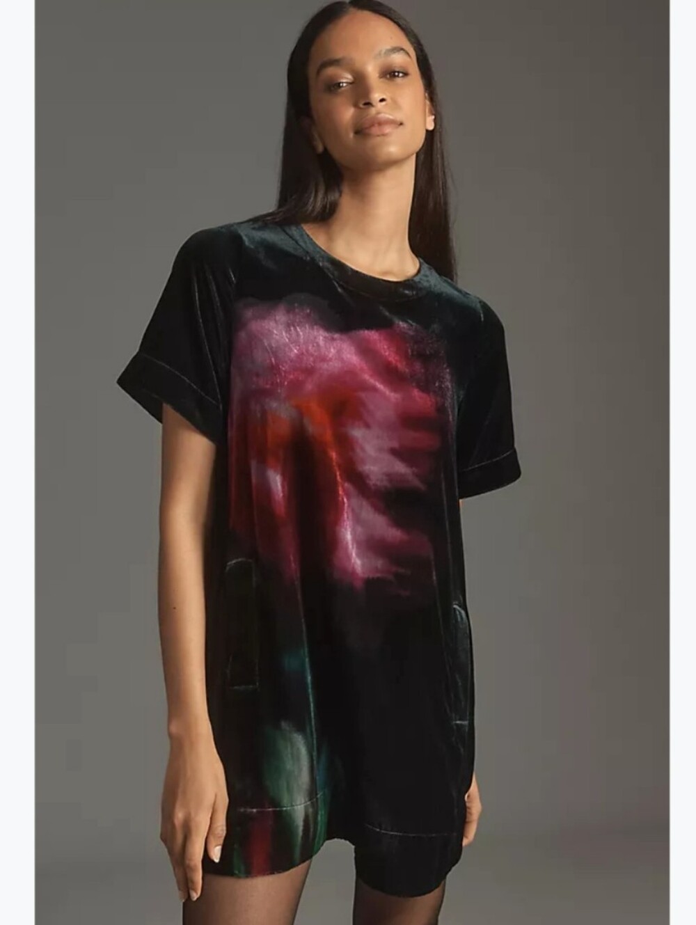 Maeve The Emmy Swind Dress Black Velvet Floral Short Sleeve Pink Floral